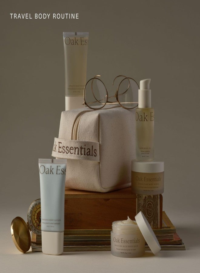 Oak Essentials Travel Body Routine | TSA-Friendly Mini Body Care Set with Wash, Scrub, Lotion, Oil, & Balm + Linen Travel Bag - Image 4
